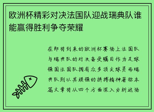 欧洲杯精彩对决法国队迎战瑞典队谁能赢得胜利争夺荣耀